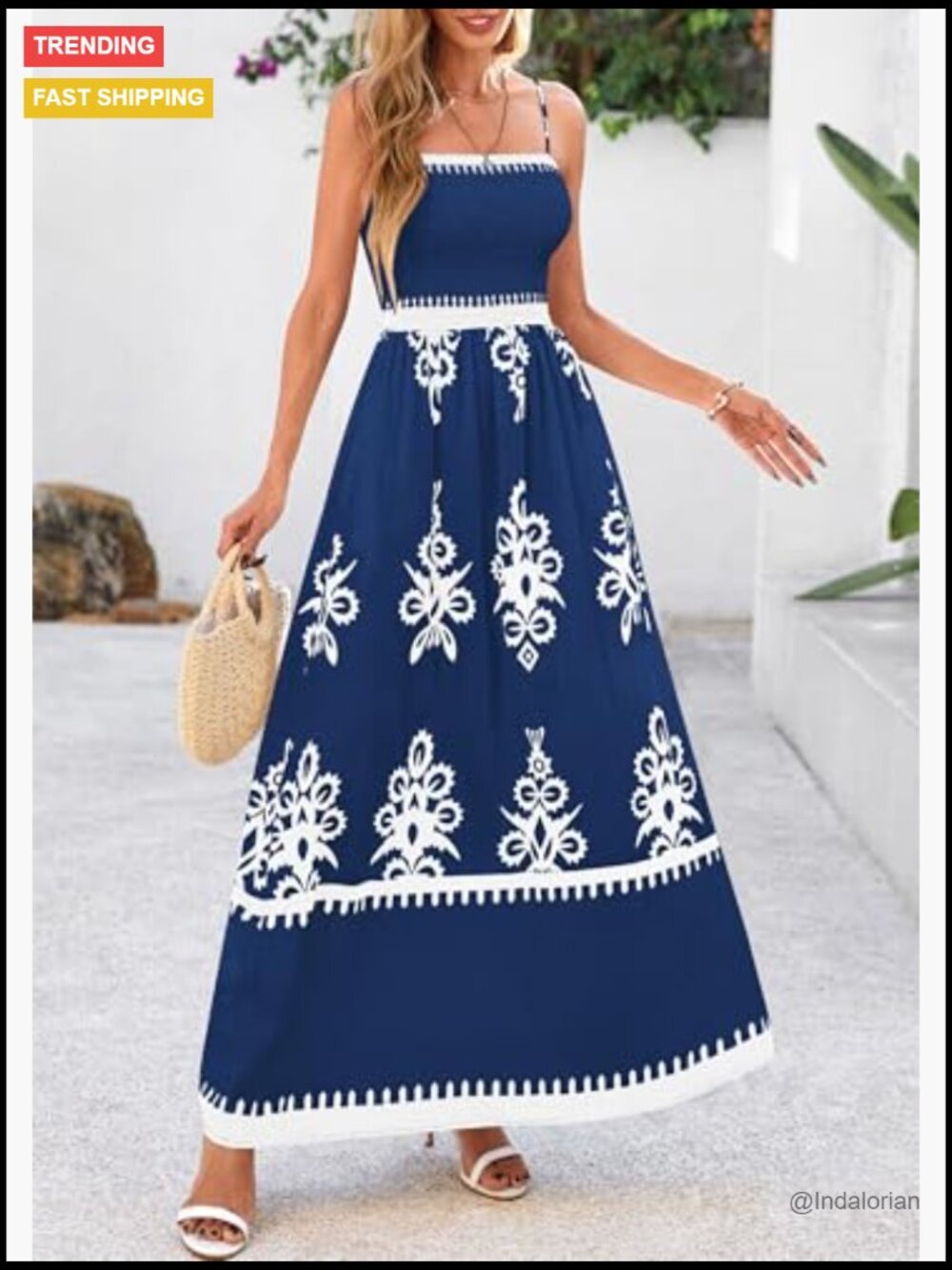 Floral Smocked Boho Maxi Dress with Pockets Sleeveless Flowy Beach Vacation - Picture 6 of 7